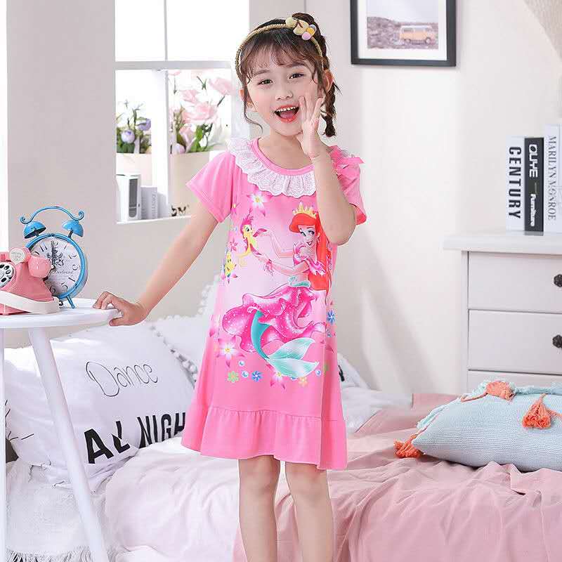 D-baby Kids Girl Dresses Summer Ice Ribbon Sleepwear Girls Cartoon Princess Print Nightgown