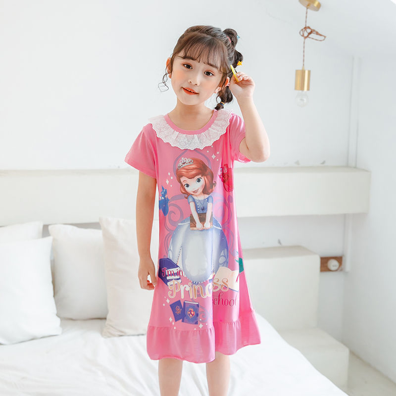 D-baby Kids Girl Dresses Summer Ice Ribbon Sleepwear Girls Cartoon Princess Print Nightgown