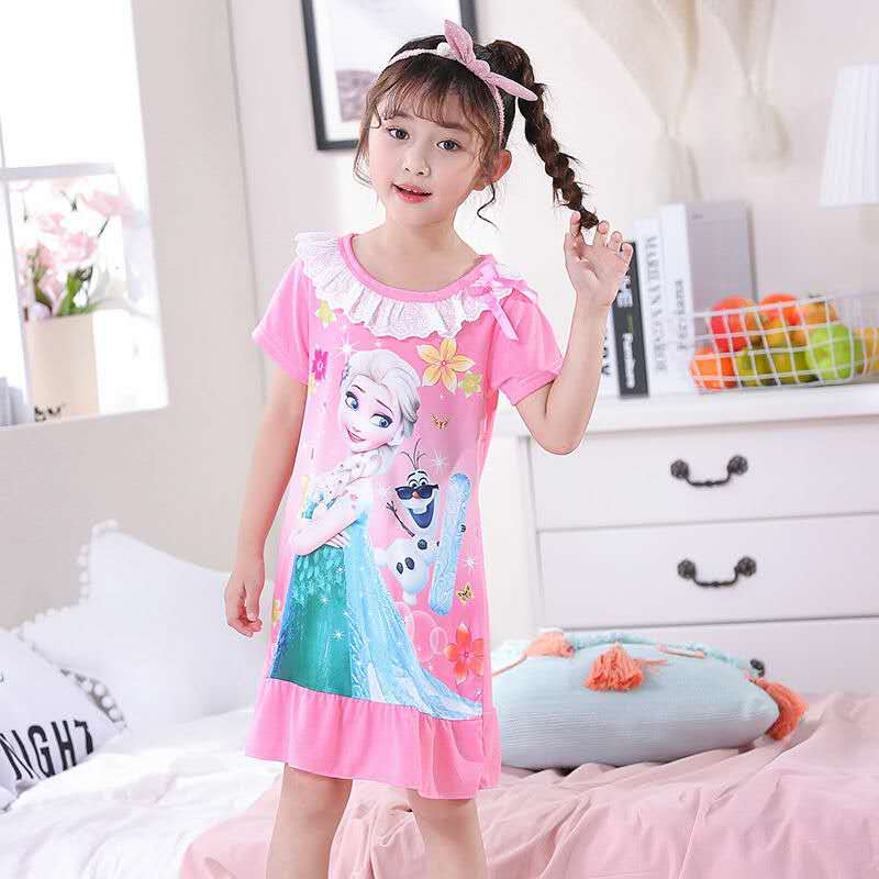 D-baby Kids Girl Dresses Summer Ice Ribbon Sleepwear Girls Cartoon Princess Print Nightgown