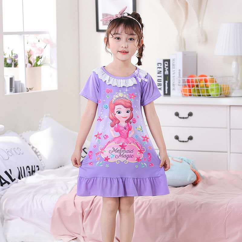 D-baby Kids Girl Dresses Summer Ice Ribbon Sleepwear Girls Cartoon Princess Print Nightgown