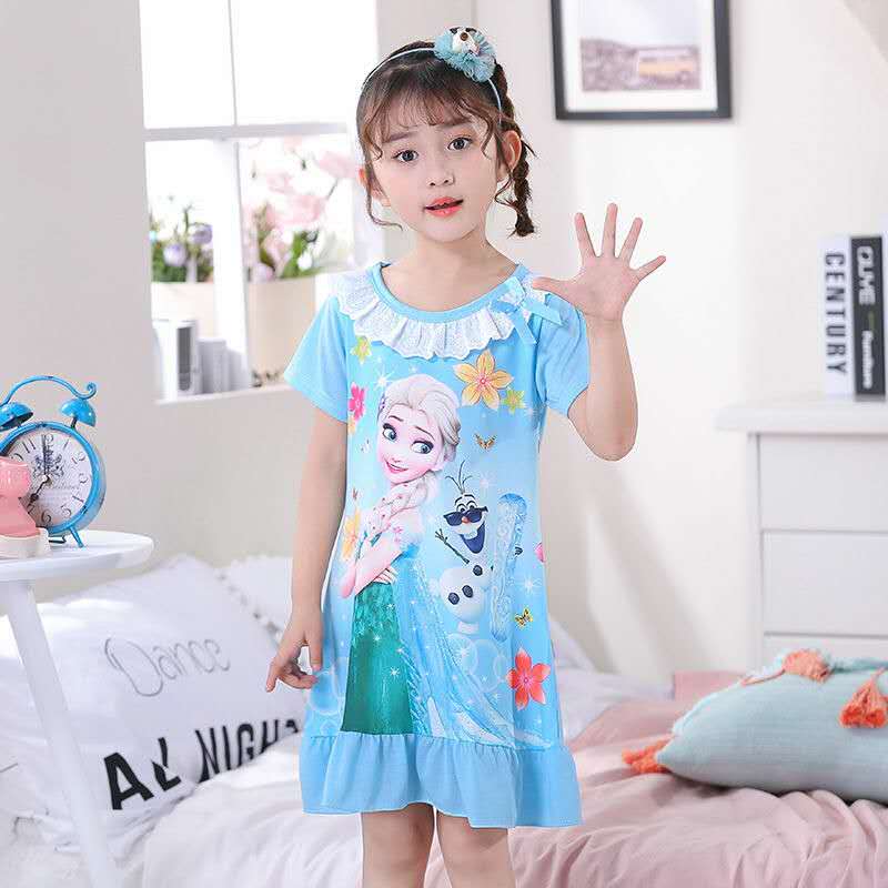D-baby Kids Girl Dresses Summer Ice Ribbon Sleepwear Girls Cartoon Princess Print Nightgown