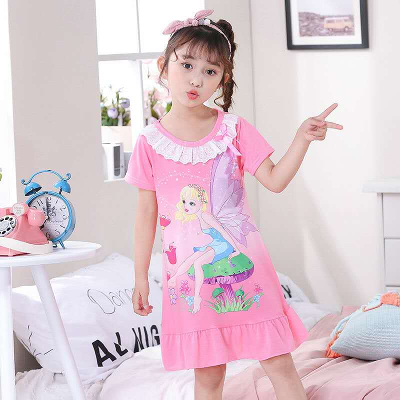 D-baby Kids Girl Dresses Summer Ice Ribbon Sleepwear Girls Cartoon Princess Print Nightgown