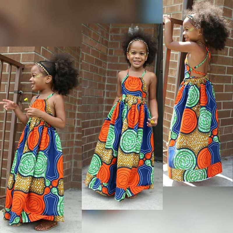 D-baby Girls Summer New Print Sleeveless Suspender Dress Girls Bohemian Style Backless Dresses