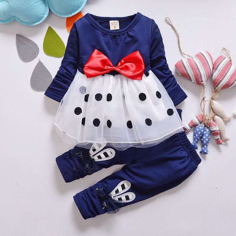 D-baby Autumn New Style Girls Rabbit Print Suit Fashionable Bow Dot  Top + Rabbit Pants