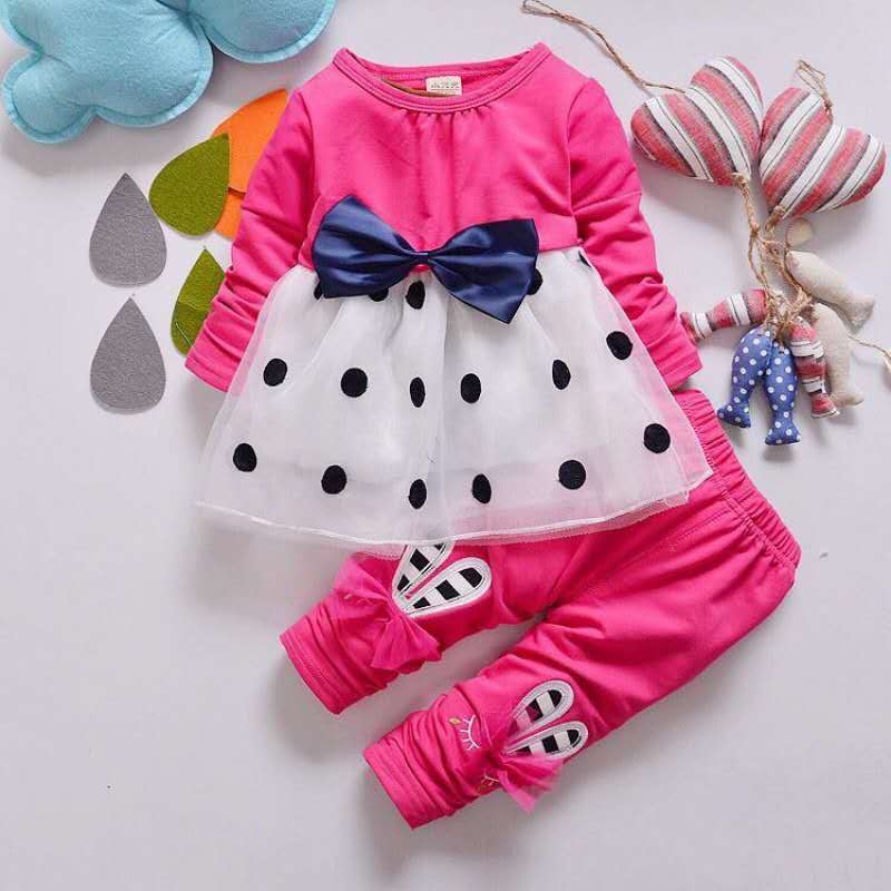 D-baby Autumn New Style Girls Rabbit Print Suit Fashionable Bow Dot  Top + Rabbit Pants