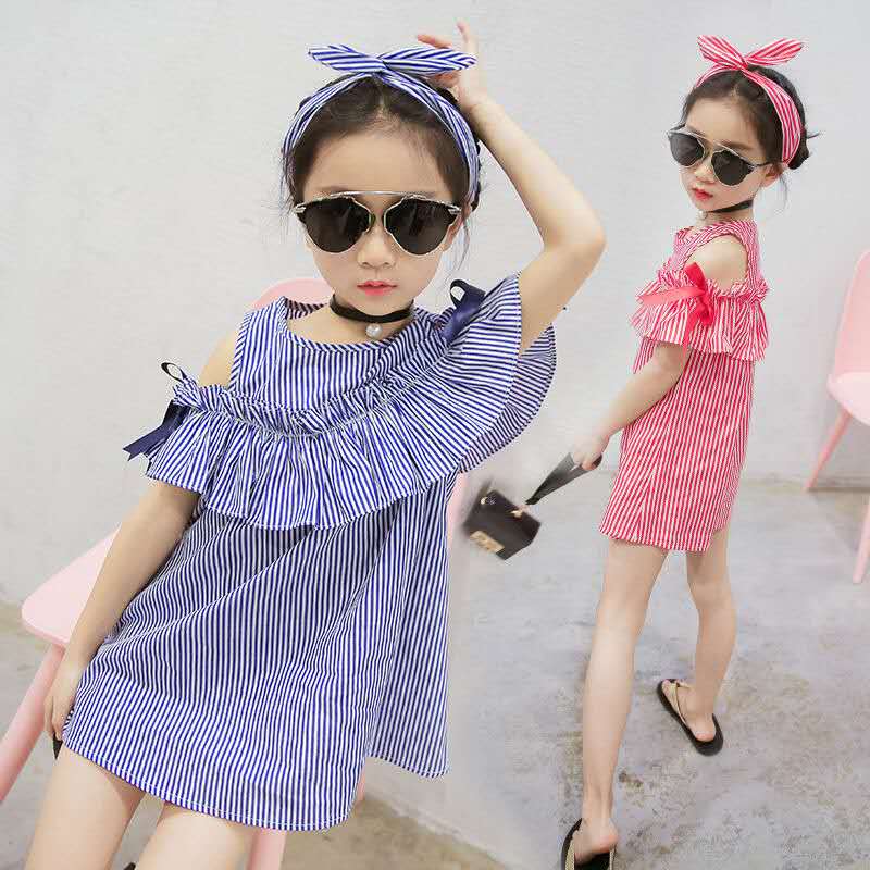 D-Baby Hot Girl's Bow Striped Dress Kids Girls Dresses New Fashion Gresses
