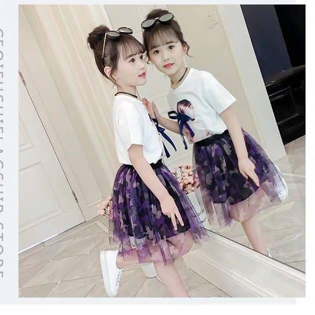 D-baby 2-11y Kids Wear Big Girl's 2PCS Suit Top +  Skirt Children's Clothes Set