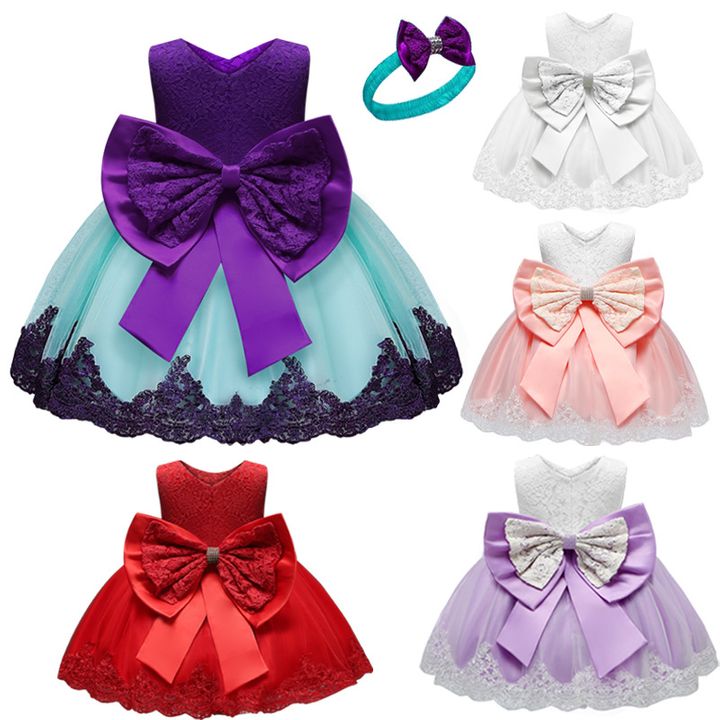 D-baby size 80-160 Children&apos;s clothing baby princess dress Girls bow lace kids birthday Party dress