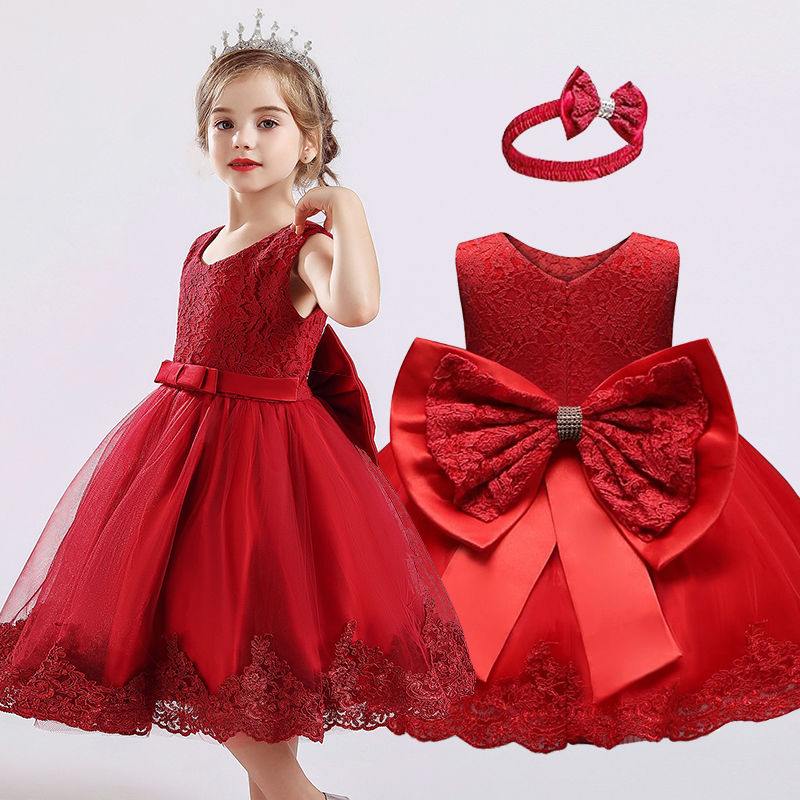 D-baby size 80-160 Children&apos;s clothing baby princess dress Girls bow lace kids birthday Party dress