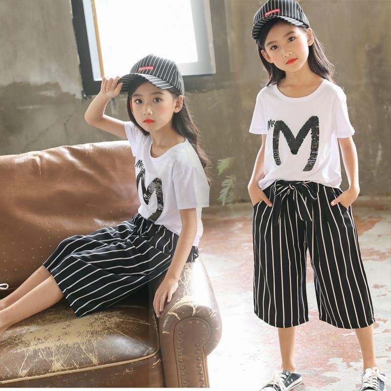 D-baby Hot Big Girls Clothes Sets Top+Chiffon Pants 2pcs/set children Leisure suits