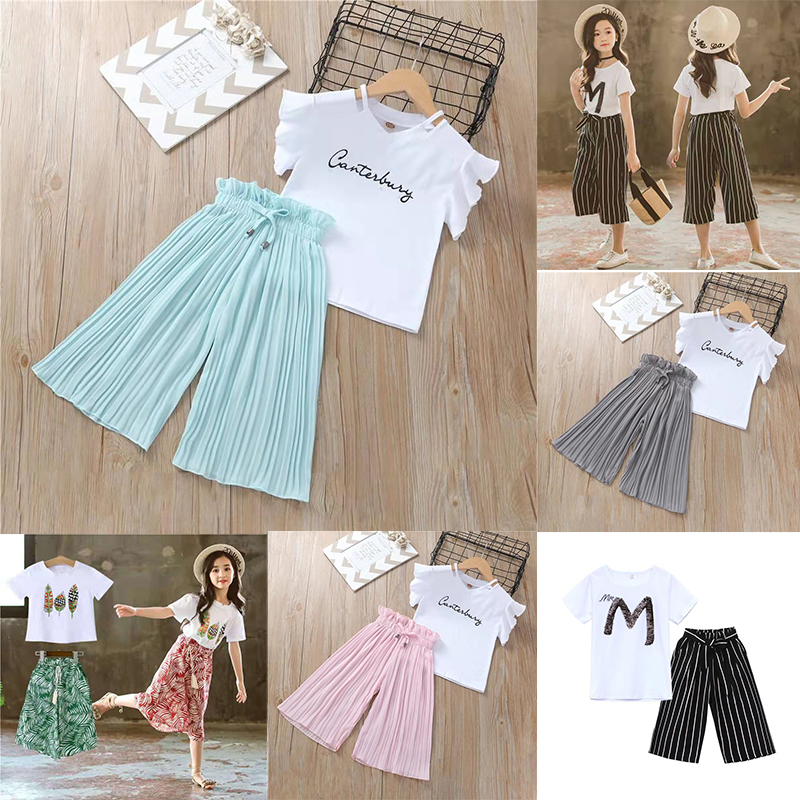 D-baby Hot Big Girls Clothes Sets Top+Chiffon Pants 2pcs/set children Leisure suits