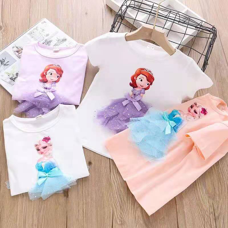 D-baby Baby Girl Clothing Short Sleeve Elsa / Sophia Princess Shirt Kids Pure Cotton Clothes