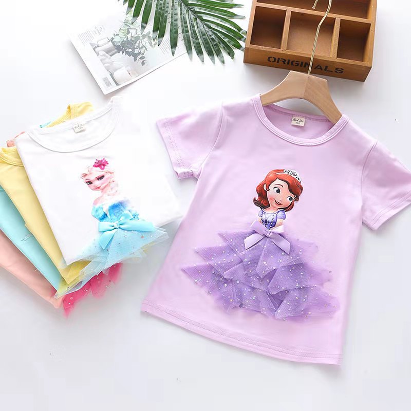 D-baby Baby Girl Clothing Short Sleeve Elsa / Sophia Princess Shirt Kids Pure Cotton Clothes