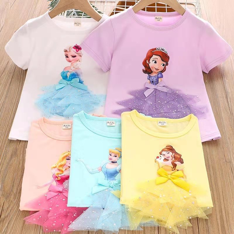 D-baby Baby Girl Clothing Short Sleeve Elsa / Sophia Princess Shirt Kids Pure Cotton Clothes