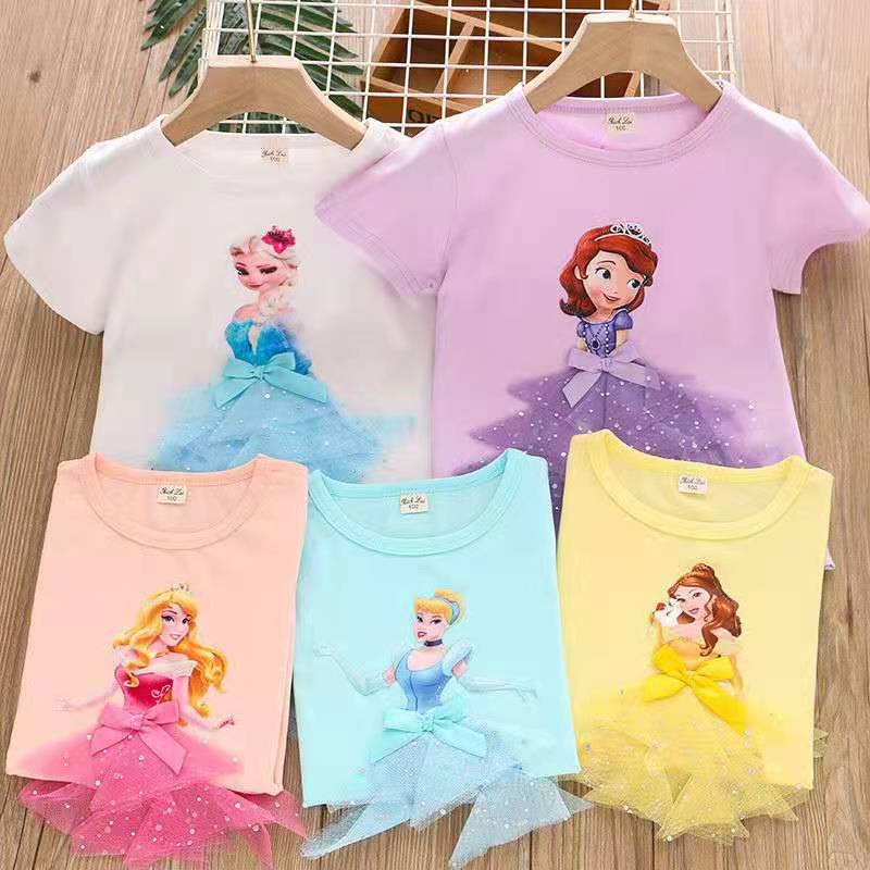 D-baby Baby Girl Clothing Short Sleeve Elsa / Sophia Princess Shirt Kids Pure Cotton Clothes