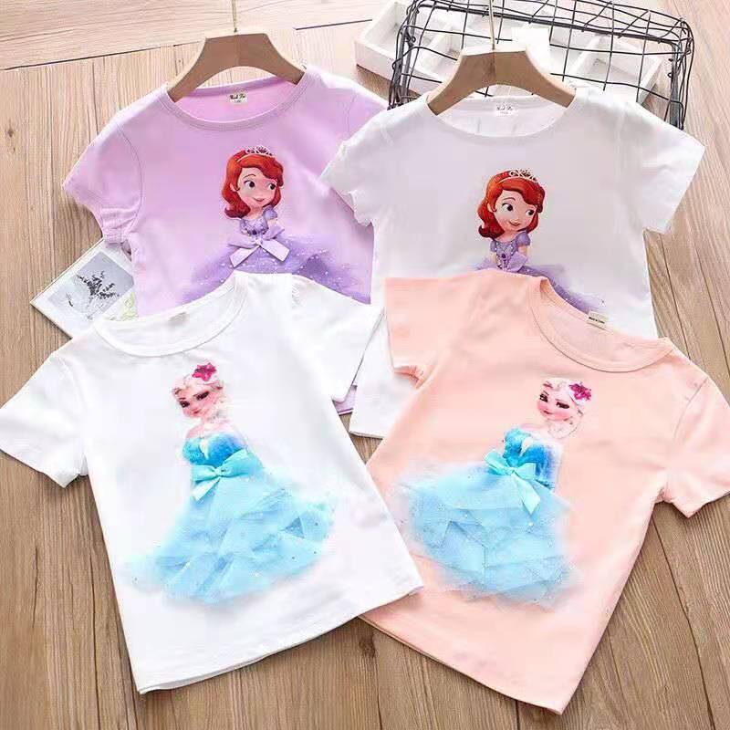D-baby Baby Girl Clothing Short Sleeve Elsa / Sophia Princess Shirt Kids Pure Cotton Clothes