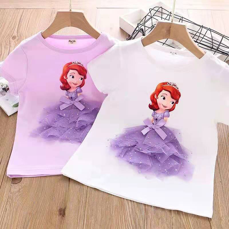 D-baby Baby Girl Clothing Short Sleeve Elsa / Sophia Princess Shirt Kids Pure Cotton Clothes