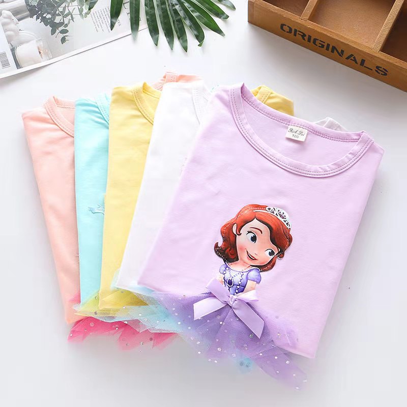 D-baby Baby Girl Clothing Short Sleeve Elsa / Sophia Princess Shirt Kids Pure Cotton Clothes