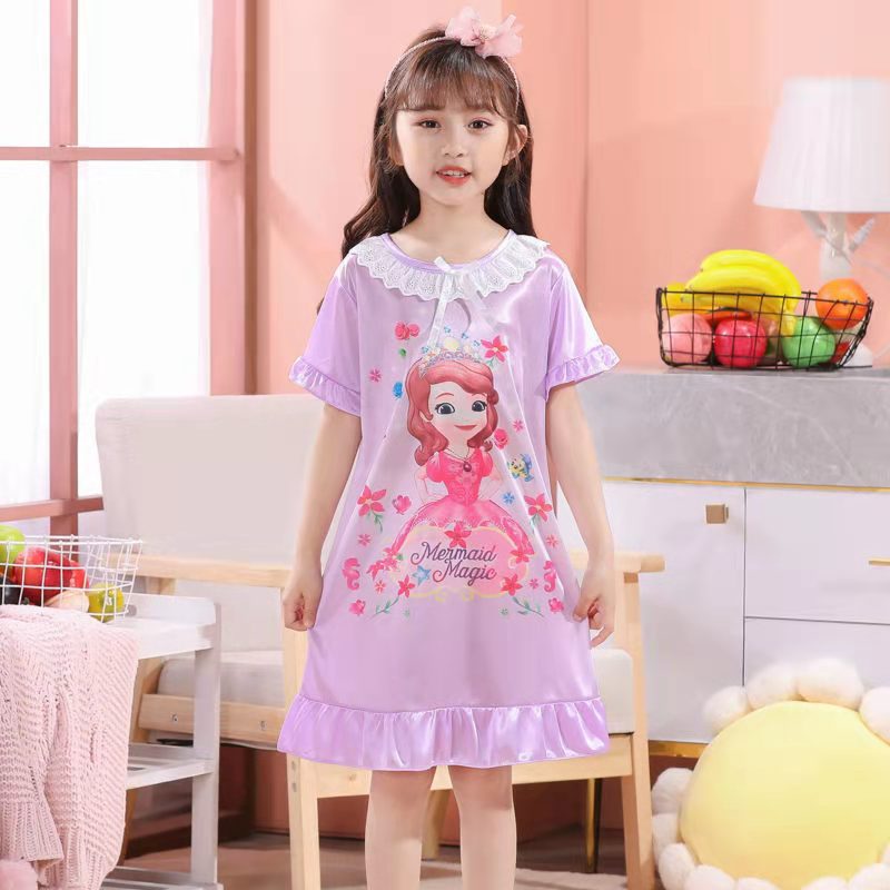 D-baby Kids Girl Dresses Summer Ice Ribbon Sleepwear Girls Cartoon Princess Print Nightgown