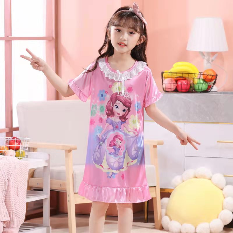 D-baby Kids Girl Dresses Summer Ice Ribbon Sleepwear Girls Cartoon Princess Print Nightgown