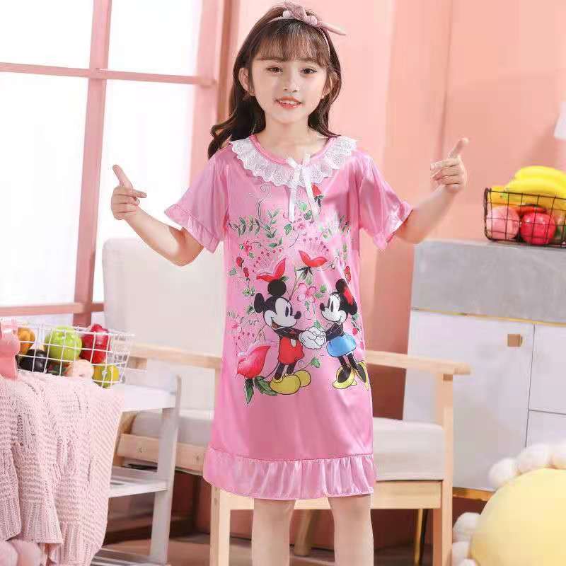 D-baby Kids Girl Dresses Summer Ice Ribbon Sleepwear Girls Cartoon Princess Print Nightgown