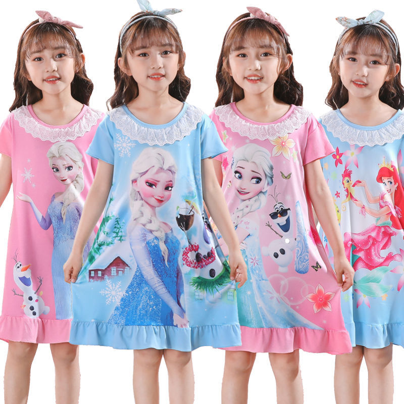 D-baby Kids Girl Dresses Summer Ice Ribbon Sleepwear Girls Cartoon Princess Print Nightgown
