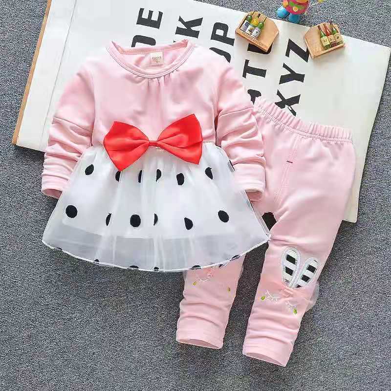 D-baby Autumn New Style Girls Rabbit Print Suit Fashionable Bow Dot  Top + Rabbit Pants
