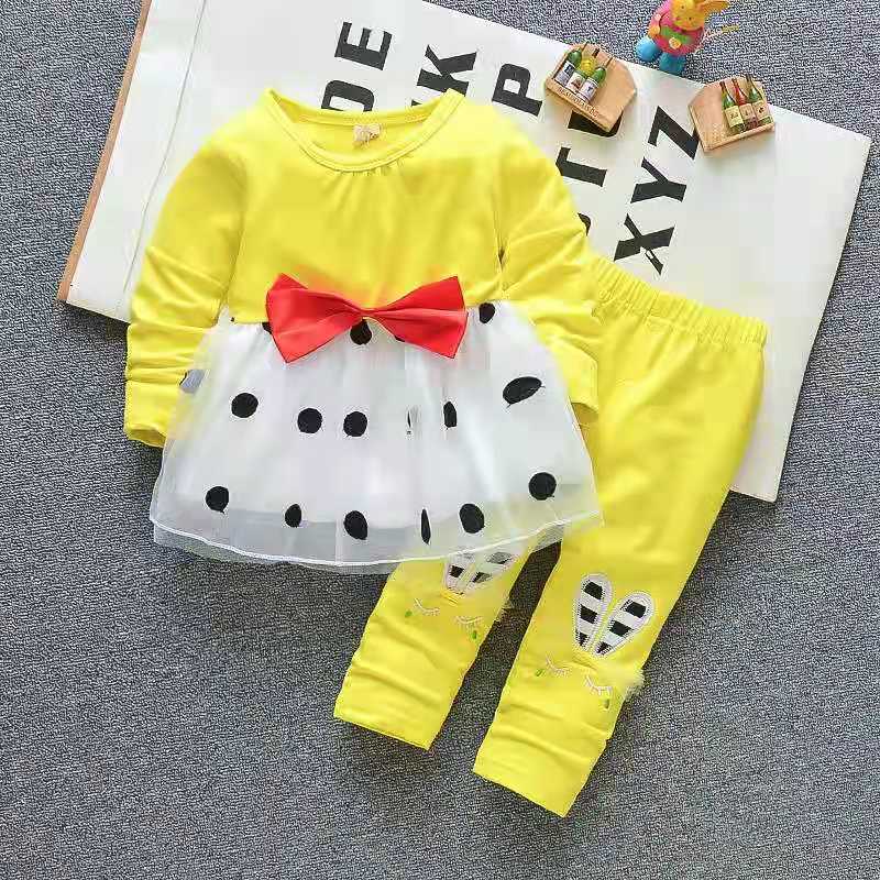 D-baby Autumn New Style Girls Rabbit Print Suit Fashionable Bow Dot  Top + Rabbit Pants