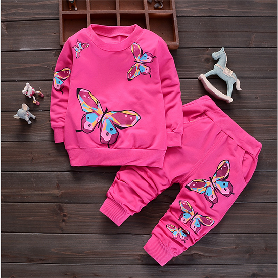 D-baby Autumn Fashion Baby Girl Clothing Set Cute Suit 2PCS Kids Flowers Butterfly Print Top + Pants