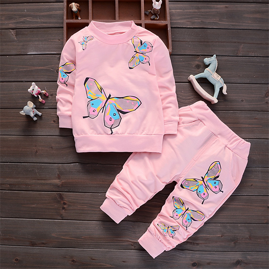 D-baby Autumn Fashion Baby Girl Clothing Set Cute Suit 2PCS Kids Flowers Butterfly Print Top + Pants