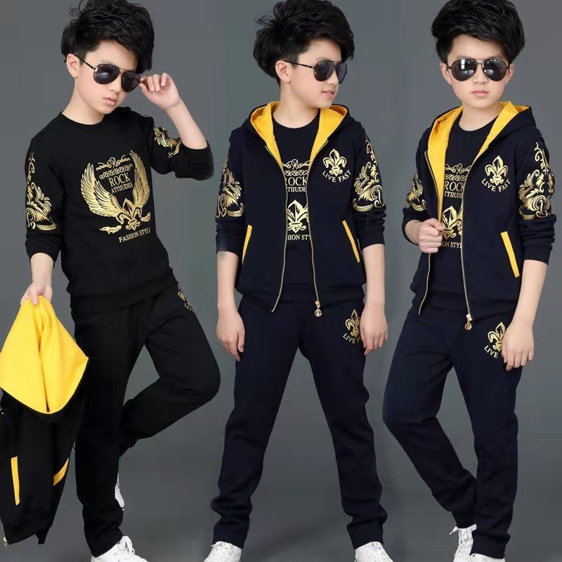 D-baby Autumn  Size110-170 Big Boys Sports Suit Hooded Zipper Vest+Long Sleeve Top + Trousers Suit
