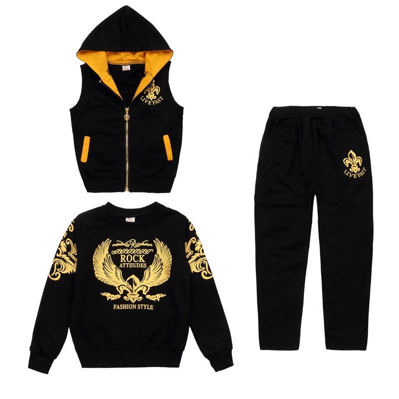 D-baby Autumn  Size110-170 Big Boys Sports Suit Hooded Zipper Vest+Long Sleeve Top + Trousers Suit