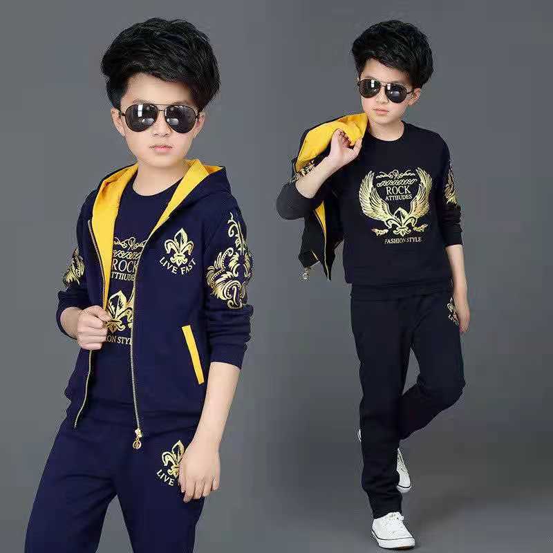 D-baby Autumn  Size110-170 Big Boys Sports Suit Hooded Zipper Vest+Long Sleeve Top + Trousers Suit