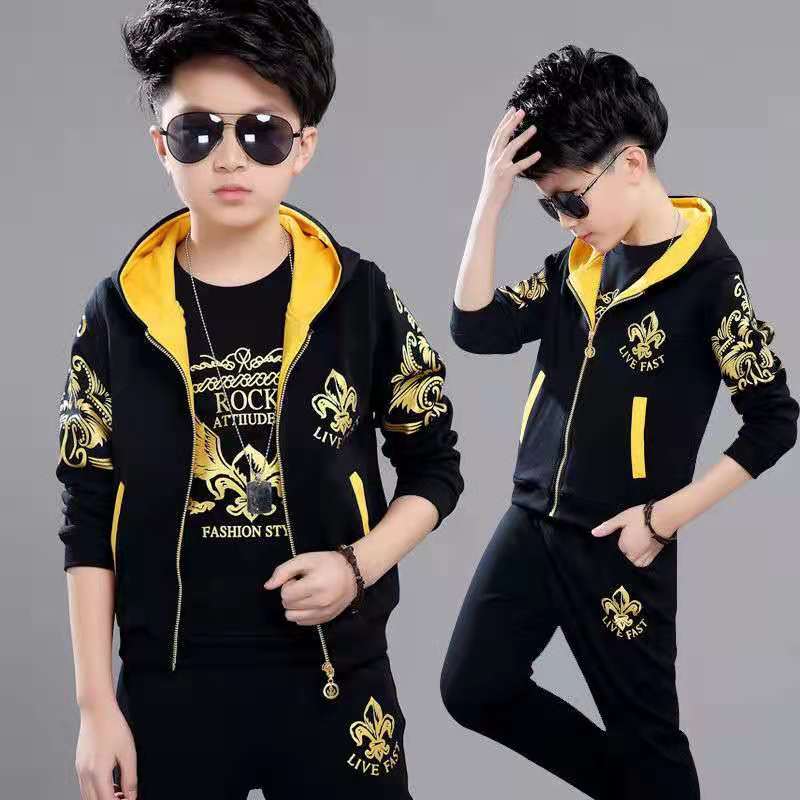 D-baby Autumn  Size110-170 Big Boys Sports Suit Hooded Zipper Vest+Long Sleeve Top + Trousers Suit