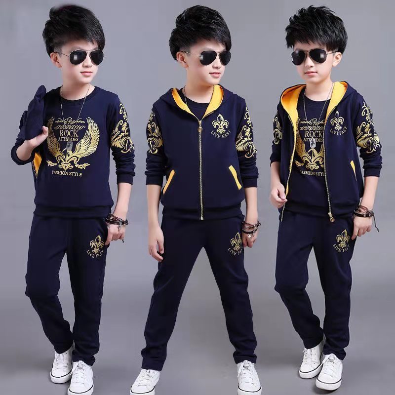 D-baby Autumn  Size110-170 Big Boys Sports Suit Hooded Zipper Vest+Long Sleeve Top + Trousers Suit