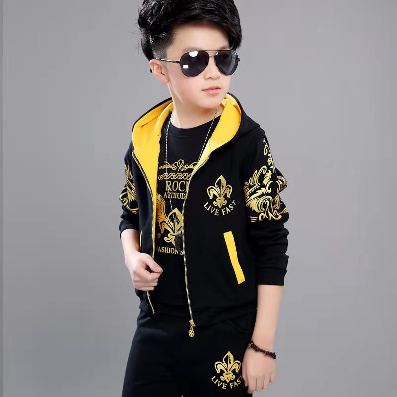 D-baby Autumn  Size110-170 Big Boys Sports Suit Hooded Zipper Vest+Long Sleeve Top + Trousers Suit