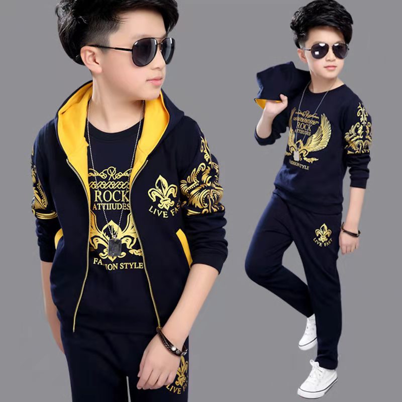 D-baby Autumn  Size110-170 Big Boys Sports Suit Hooded Zipper Vest+Long Sleeve Top + Trousers Suit