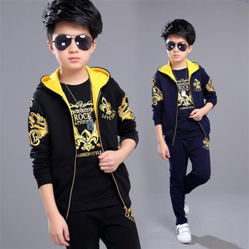 D-baby Autumn  Size110-170 Big Boys Sports Suit Hooded Zipper Vest+Long Sleeve Top + Trousers Suit