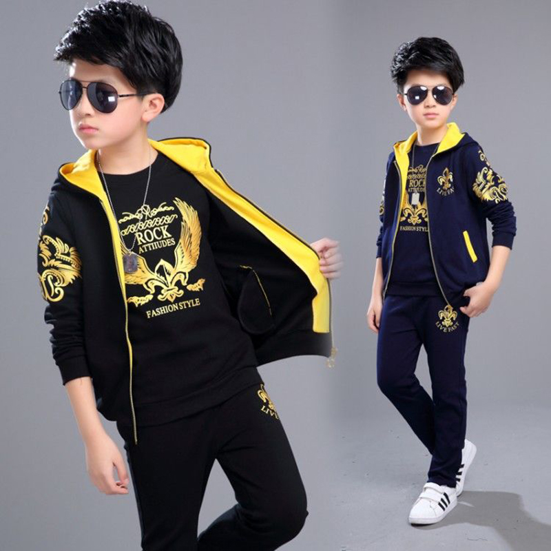 D-baby Autumn  Size110-170 Big Boys Sports Suit Hooded Zipper Vest+Long Sleeve Top + Trousers Suit