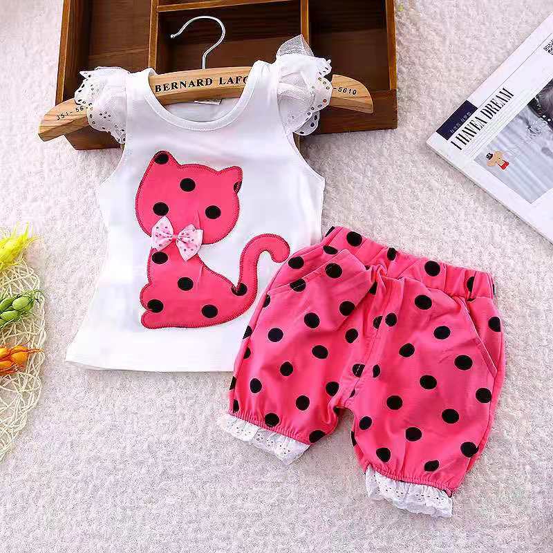D-baby 2Pcs Kids Baby Girls Cat Dot Bowknot Lace Short sleeve shirt+Dot shorts Outfits Clothes Set