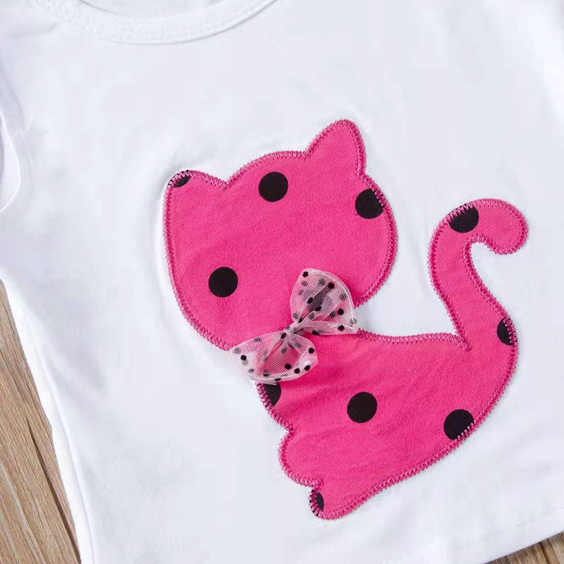 D-baby 2Pcs Kids Baby Girls Cat Dot Bowknot Lace Short sleeve shirt+Dot shorts Outfits Clothes Set
