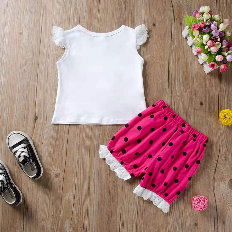 D-baby 2Pcs Kids Baby Girls Cat Dot Bowknot Lace Short sleeve shirt+Dot shorts Outfits Clothes Set
