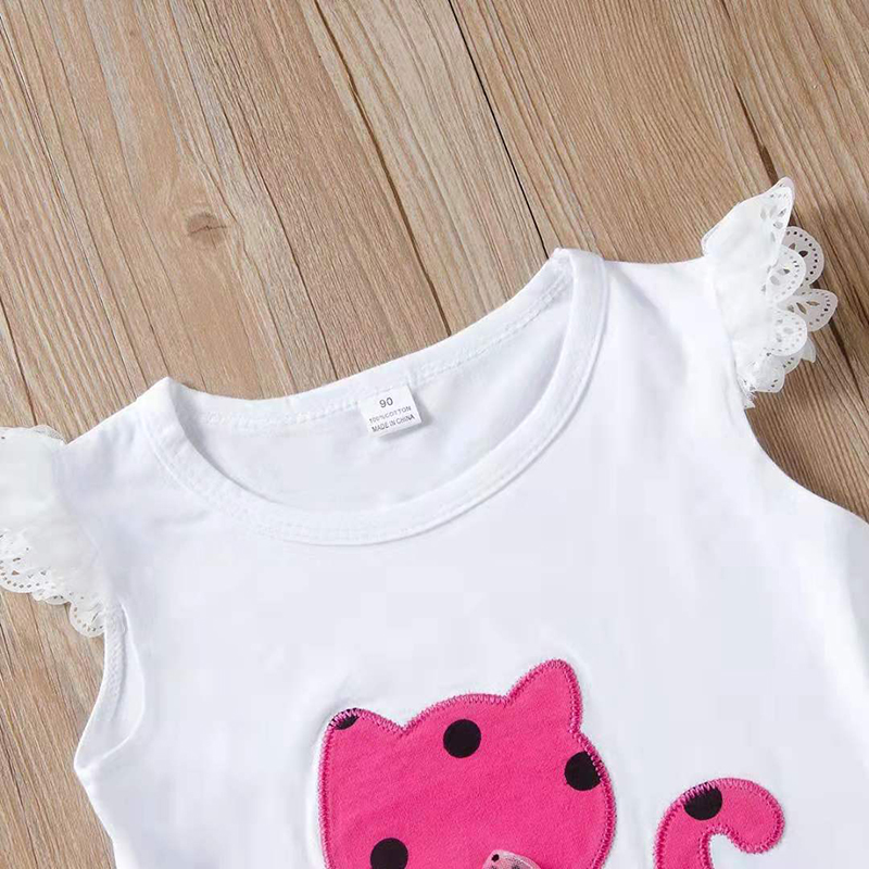 D-baby 2Pcs Kids Baby Girls Cat Dot Bowknot Lace Short sleeve shirt+Dot shorts Outfits Clothes Set