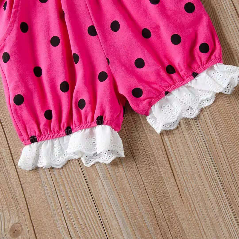 D-baby 2Pcs Kids Baby Girls Cat Dot Bowknot Lace Short sleeve shirt+Dot shorts Outfits Clothes Set