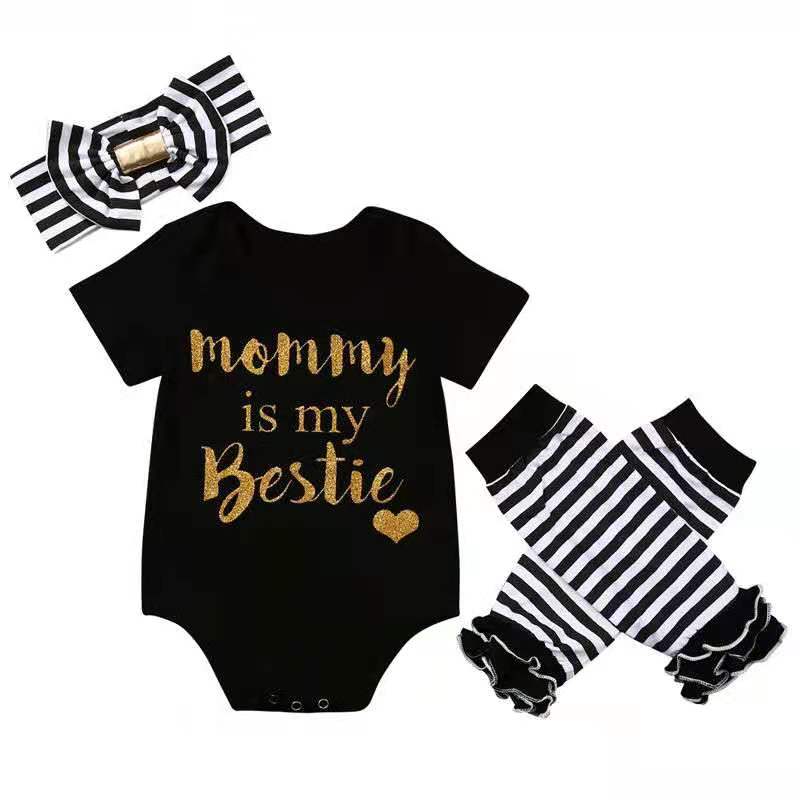 D-baby Children&apos;s clothing Newborn Baby Girl Romper Tops Headband Leg Warmer 3pcs Outfit Set