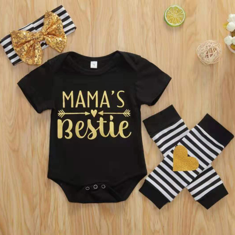 D-baby Children&apos;s clothing Newborn Baby Girl Romper Tops Headband Leg Warmer 3pcs Outfit Set