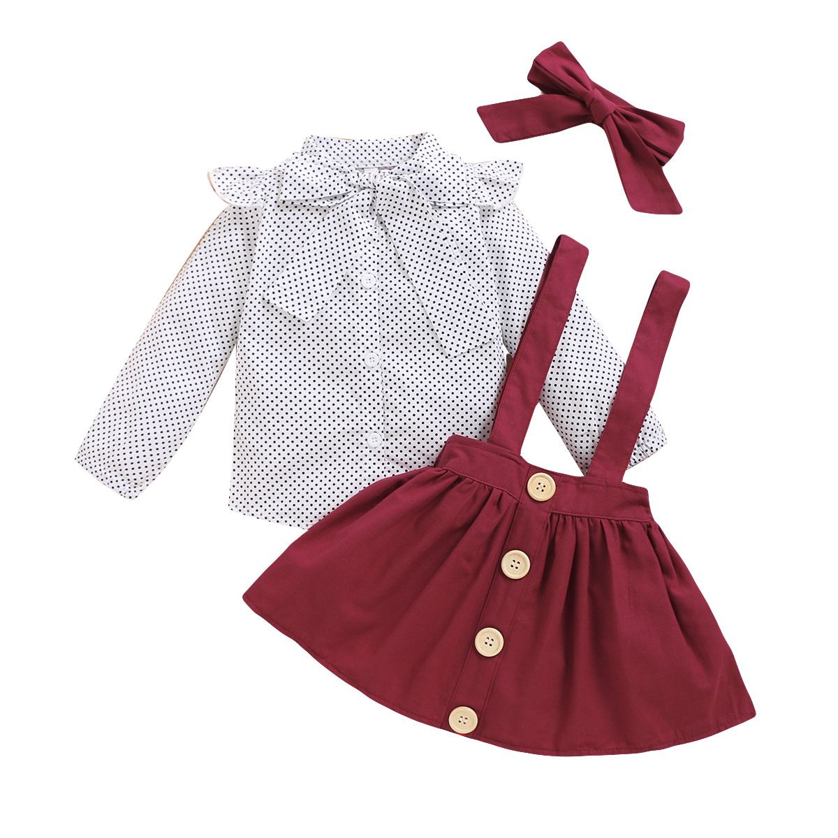 Autumn 80-120cm 3PCS Kids Baby Girls Dots Tops Dress Skirt Bow Headband Party Clothes Outfits Set