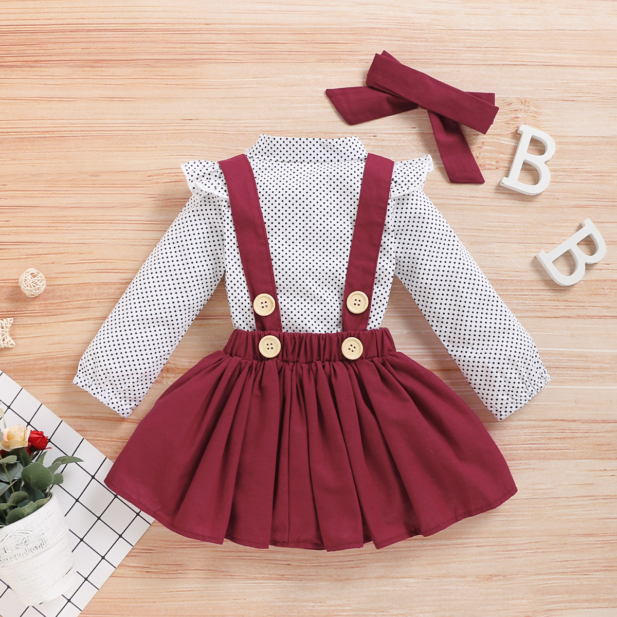 Autumn 80-120cm 3PCS Kids Baby Girls Dots Tops Dress Skirt Bow Headband Party Clothes Outfits Set