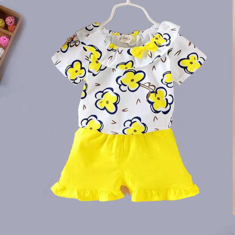 D-baby summer new girls short sleeve shorts flowers two-piece baby sweet suit