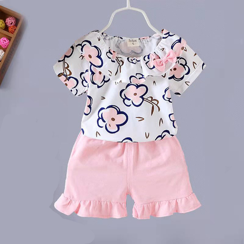 D-baby summer new girls short sleeve shorts flowers two-piece baby sweet suit